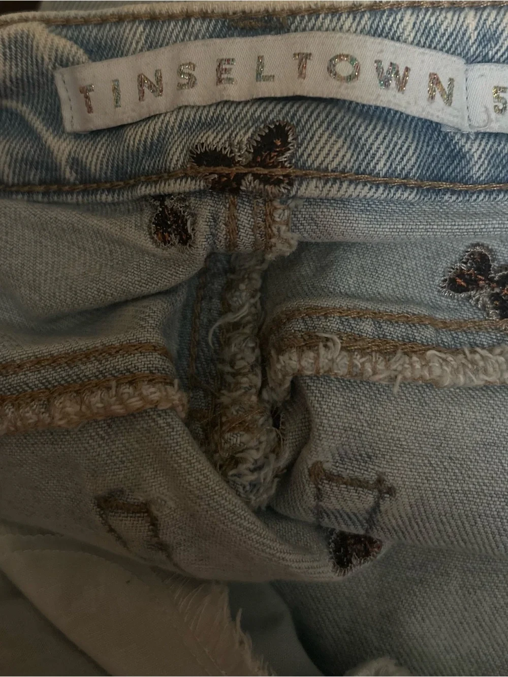 Tinseltown Light Blue Skinny Jeans with Black Butterfly Embroidery and Knee Rips